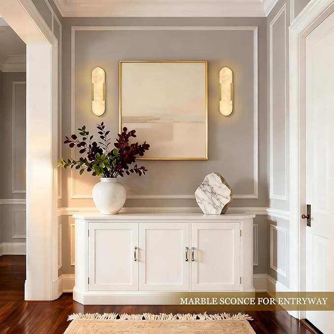 Alabaster Wall Sconce, 13.8" Natural Marble Wall Sconce, Brass Alabaster Sconces Set of Two, Indoor Modern Bathroom Sconces Wall Lighting for Living Room, Bedroom, Hallway, Stairs
