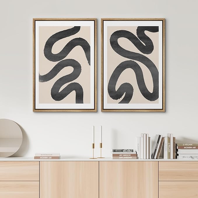 SIGNWIN Framed Wall Art Print Set Black Squiggly Lines Over Tan Background Abstract Swirly Digital Art Modern Art Mid-Century Modern Expressive for Living Room, Bedroom, Office - 24"x36"x2 Panels