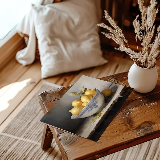 XOCUUI Farmhouse Still Life Picture Living Room Warm Moody Muted Yellow Lemon Oil Painting Art Deco Wall Art For Kitchen Rustic Vintage Decor For Bedroom Antique French Poster 8 X 10 Unframe