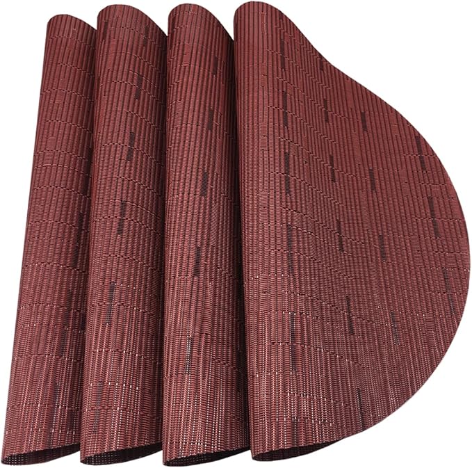 WAZAIGUR Round Placemats Set of 4 Woven Vinyl Easy to Clean Heat Resistant Kitchen Table Mats 15 Inch(Wine Red 4)