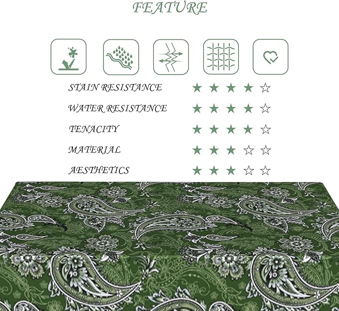 60x102 Inch Paisley Rectangular Tablecloth Green Boho Vintage Floral Table Cloth Bohemian Washable Durable Table Cover for Dining Banquet Garden Picnic Decor
