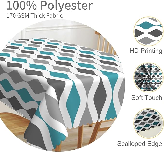 70x140inches Teal Turquoise Grey Table Cloth Mid Century Geometric Stripes Tablecloth Spill Proof Washable Polyester Table Cover for Farmhouse Living Room Dining Room Kitchen Cafe Party Decor