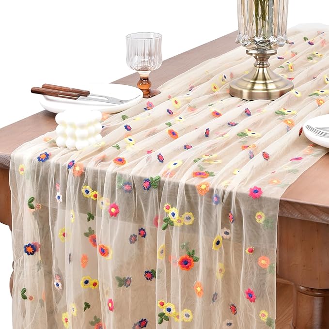 Joanlody 3pcs Champagne Embroidery Daisy Christmas Table Runner 10ft Florals Seasonal Tulle Table Runner Holiday Kitchen Dining Table Decoration for Home Party Indoor