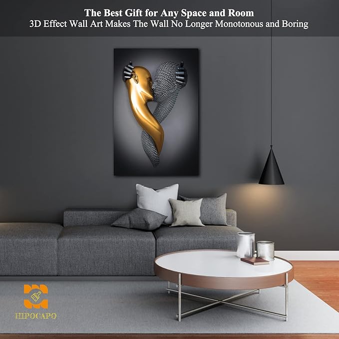HIPOCAPO 3D Metal Effect Wall Art - Wall, Modern Abstract Hug Lovers Painting Picture Poster Prints for Bathroom, Romantic Couple Living Room Canvas Framed 24''x36''x1Pcs 3d Art-20