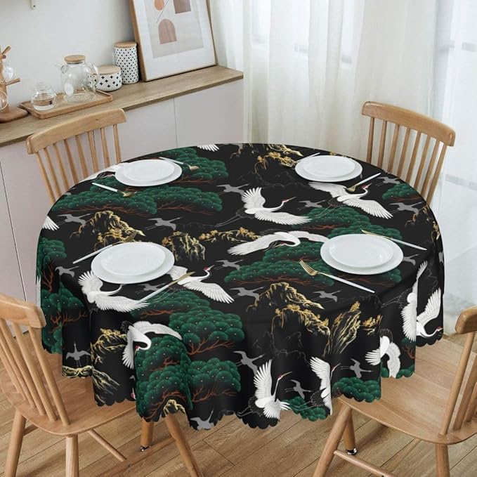 Japanese Tablecloth, Traditional Oriental Crane Vintage Chinese Landscape Luxury Farmhouse Water Resisitant Table Cover for Dining Kitchen Living Room Home Party Holiday Decor 36 inch Round