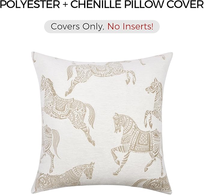 Equestrian Style Throw Pillow Cover 22x22 Inch, Double Sided Beige Horse Pattern Chenille Jacquard Embroidered Pillowcase for Sofa Couch Living Room Bedroom