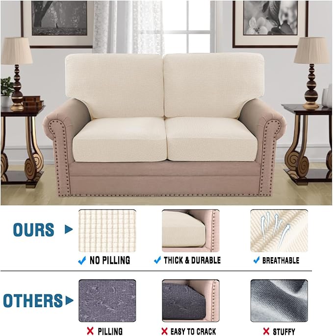 H.VERSAILTEX Multi-Pieces Loveseat Covers for 2 Cushion Couch High Stretch Couch Cushion Covers Jacquard Textured Twill Fabric(2 Seat Covers Plus 2 Back Cushion Covers, Porcelain)