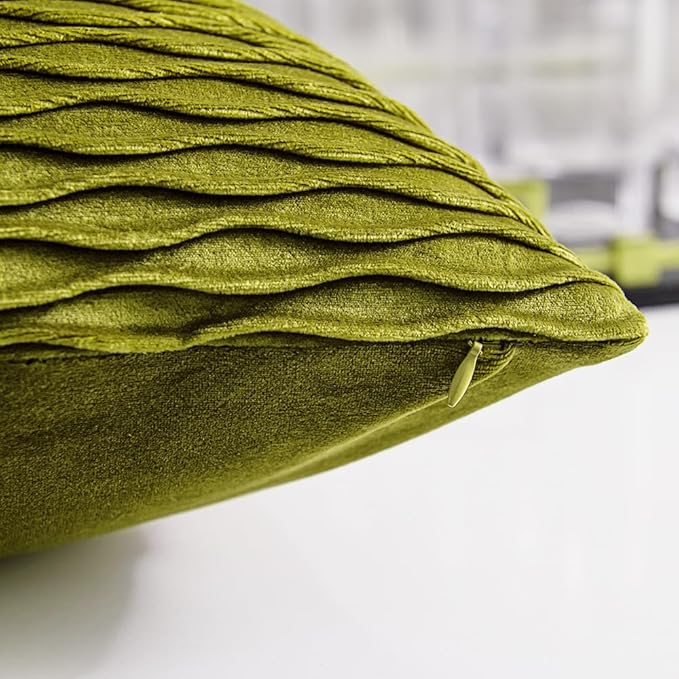 18x18 Moss Green Throw Pillow Cases: 2 Pack Original Striped Velvet Square Decorative Pillow Covers for Farmhouse Couch