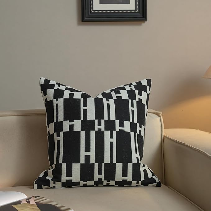 New 18x18'' inches Throw Pillow Cushion Covers - White H Letter Black Color Chenille Jacquard Embroidery Luxury Modern Style Couch Sofa Bed Pillow Cover for Living Room Bedroom