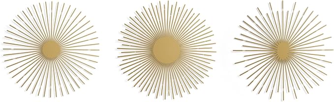 NEODECO Sun Rays-Triple Metal Wall Art, Geometric Sun Decor, Metallic colors, Large 3D wall sculpture, model BCD, Set of 3 (Gold, Large)