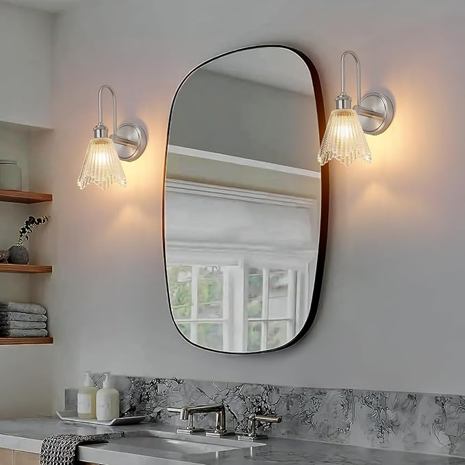 Wall Sconce Set of 2, Nickel Vintage Light Fixtures with Long Clear Glass Lampshade, Hardwired Sconces Wall Lighting for Bedroom, Bathroom, Living Room | Includes 2 LED Bulbs