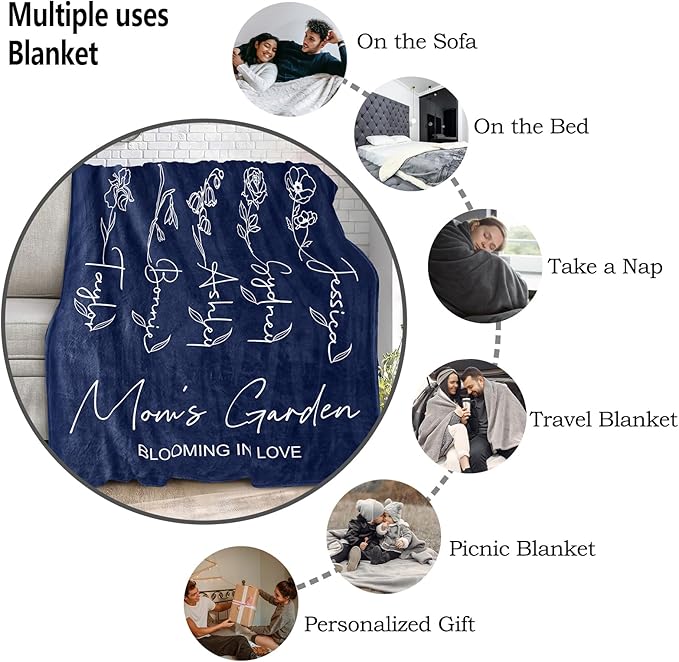 Ships Next Day, Personalized Christmas Mom Blanket Gift, Custom Blanket with Kids Name and Birth Month Flowers, Birthday Gifts for Mom from Daughter Son, Personalized Gifts for Grandma,Wife