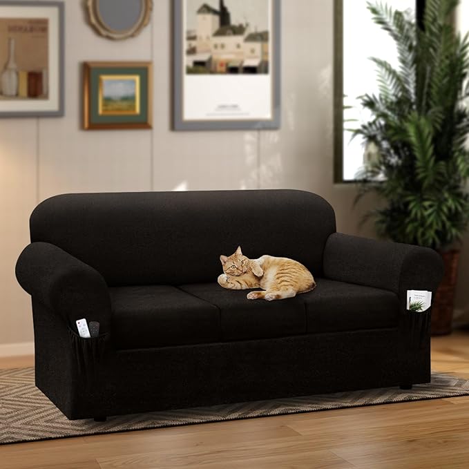 Sofa Slipcover with Armrest Pockets 4-Piece Set, Stretch Faux Leather Couch Cover for 3-Cushion Couches(Fits 72-92") - Non-Slip, Machine Washable, Pet & Kid Friendly - Coffee