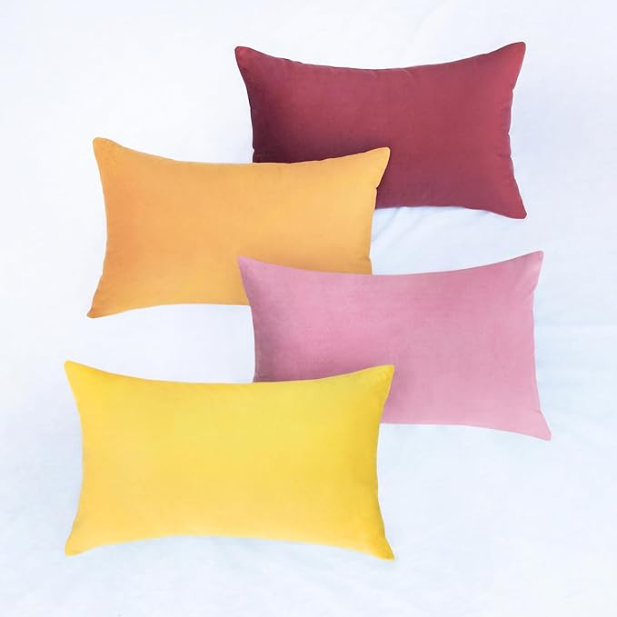 MONDAY MOOSE Decorative Throw Pillow Covers Cushion Cases, Set of 4 Soft Velvet Modern Designs, Mix and Match for Home Decor, Pillow Inserts Not Included (12x20 inch, Yellow/Pink)