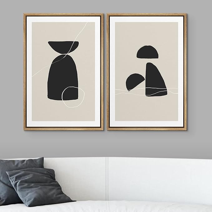 SIGNWIN Framed Canvas Print Wall Art Set Black Tan Mid-Century Figures Abstract Shapes Illustrations Modern Art Decorative Nordic Multicolor for Living Room, Bedroom, Office - 24"x36"x2 Natural