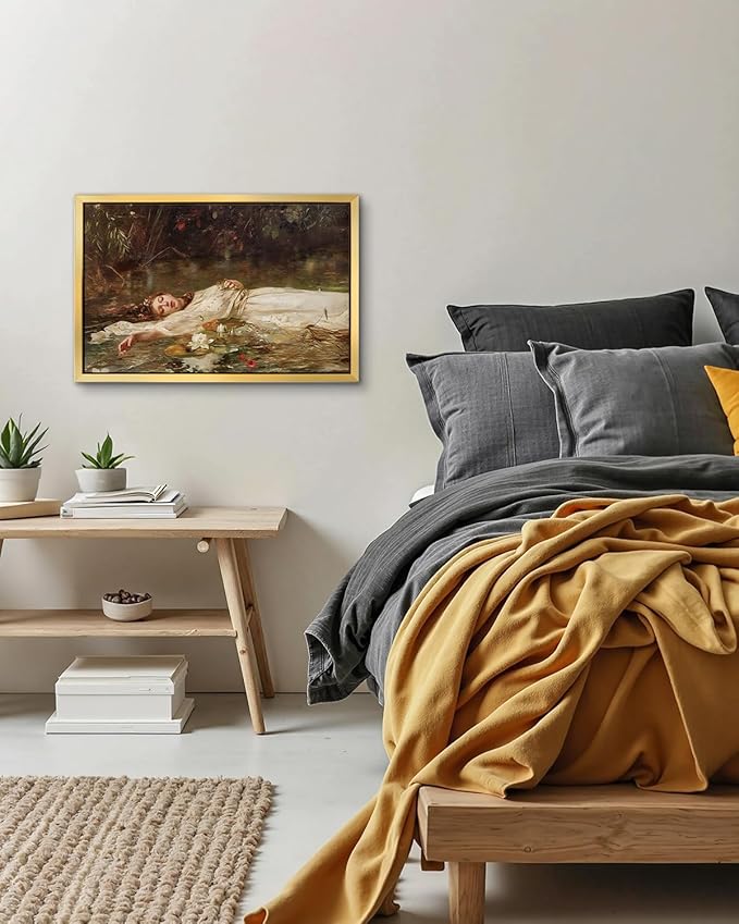 AIMAILON Vintage Gold Canvas Wall Art Framed Decor for Study Room Bedroom Classical Relaxing Young Lady Picture Victorian Summer Pond Lotus Background Artwork Desktop Home Decoration 12x18