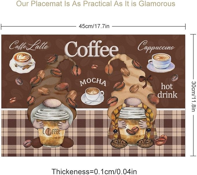 Coffee Gnomes Placemat Set of 6, 12x18 Inch Rustic Brown Plaid Buffalo Plaid Coffee Cups Beans Print Farmhouse Washable Heat Resistant Table Mats for Outdoor Farmhouse Kitchen Dining Decor