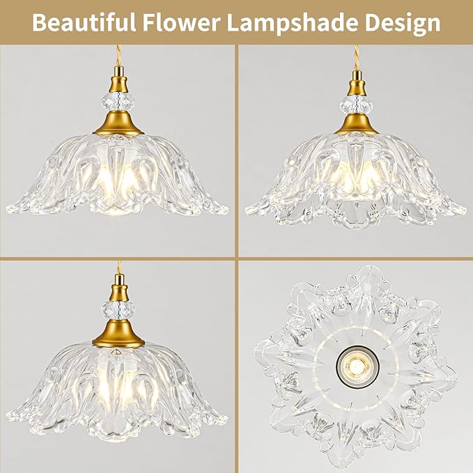 1 Piece Vintage Chandelier Light Fixtures with Crystal Glass Shade,Matte Brass Finish Pendant Light for Kitchen Island, Hanging Light Fixture for Dining Room, Hallway, Living Room, Bedroom