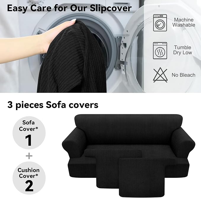 Waterproof Couch Cover 3-Piece Set Striped Sofa Slipcovers for 2 Separate T Cushion Couch - TPU Fabric Sofa Covers Leakproof Couch Protector for Kids, Pets(2 Cushion Sofa, Black)