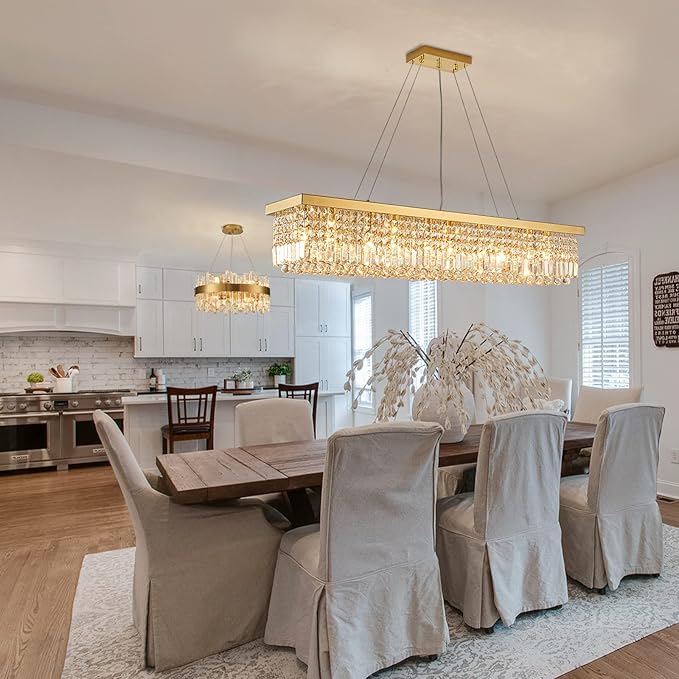 Siljoy 10-Light Modern Crystal Chandelier Gold Rectangular Crystal Raindrop Chandelier Luxury Large Rectangle Flush Mount Pendant Ceiling Light for Dining Room Kitchen Island Bar L47'' x W10'' x H10''