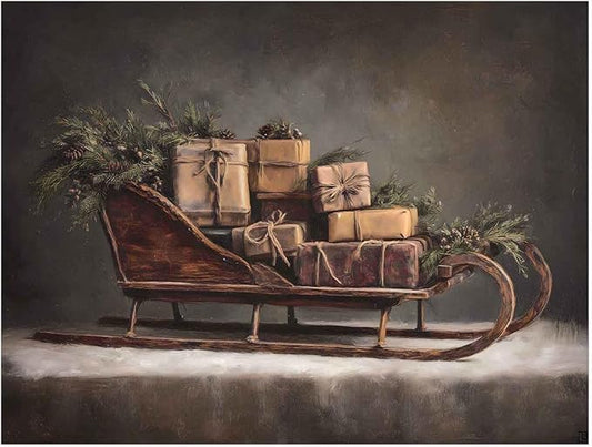 Rustic Christmas Sleigh Art Prints,Farmhouse Christmas Presents Print,Winter Holiday Artwork,Dark Christmas Cottage Poster,Vintage Sleigh Painting