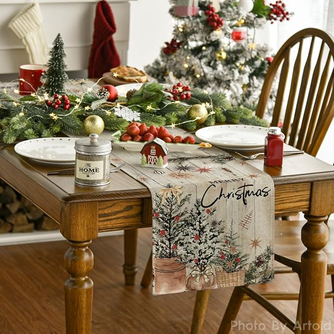 Artoid Mode Xmas Trees Holly Pine Cone Christmas Table Runner, Seasonal Winter Wood Kitchen Dining Table Decoration for Home Party Decor 13x108 Inch