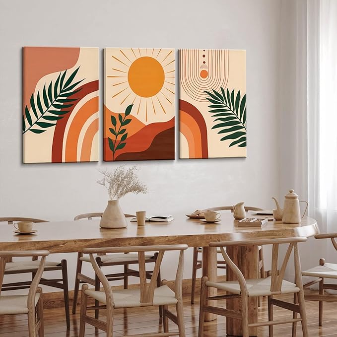 3pcs Framed Boho Wall Art Mid Century Modern Wall Decor Botanical Geometric Abstract Neutral Canvas Sun Mountain Posters Prints Orange Minimalist Artwork Ready To Hang for Living Room Bathroom Bedroom