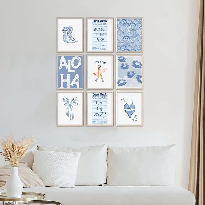 Kizbok Coastal Cowgirl Room Decor, Coastal Granddaughter Room Decor, Blue Surf Up Beachy Wall Decor Preppy Aesthetic Pictures, Trendy Beach Wall Art Boho Cowgirl Posters for Teen Girl Dorm Apartment Decor (Set of 9, Unframed)