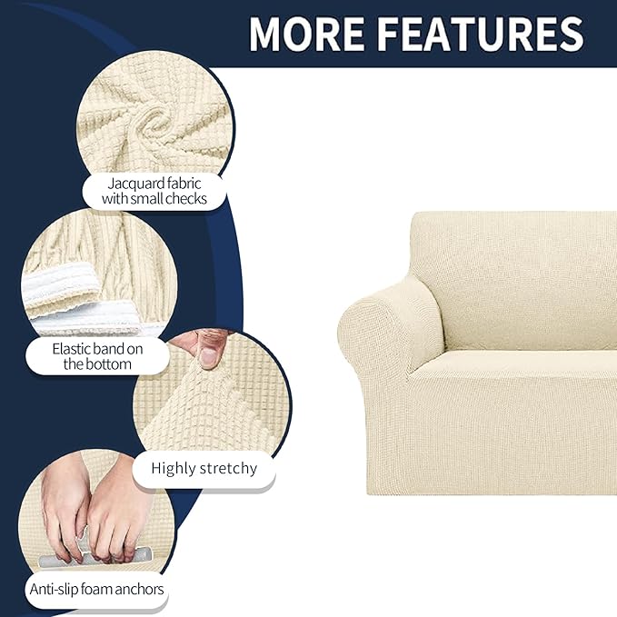 2025 New Stretch Chair Sofa Slipcovers Couch Cover for 1 Seater Furniture Protector Sofa Covers with Elastic Bottom Jacquard Fabric Small Checks for Pets, Kids - Beige