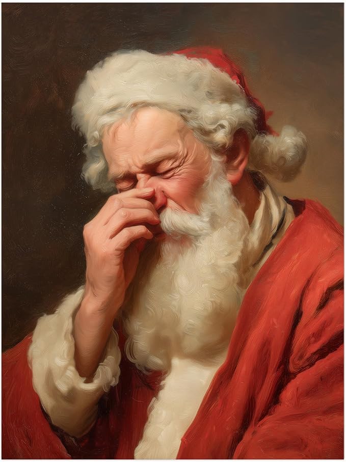 Funny Holiday Bathroom Print,Vintage Santa Plugging Nose Painting,Stinky Bathroom Wall Art,Santa Touching His Nose Prints