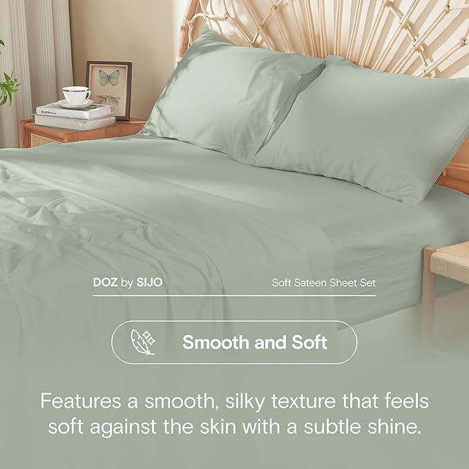 DOZ 100% Long Staple Cotton Duvet Cover Set, Soft Sateen Weave, Smooth, Breathable, Hotel Comfort, 106"x90", 8 Loops, 3pc – 2 Pillowcases 1 Duvet Cover (Sage, King/Cal King)