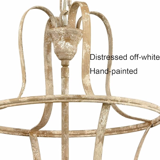 French Country Lantern Chandelier 4-Light Distressed White Pendant Light Fixtures with Chain Modern Farmhouse Lantern Pendant Lighting for Kitchen Island Dining Room