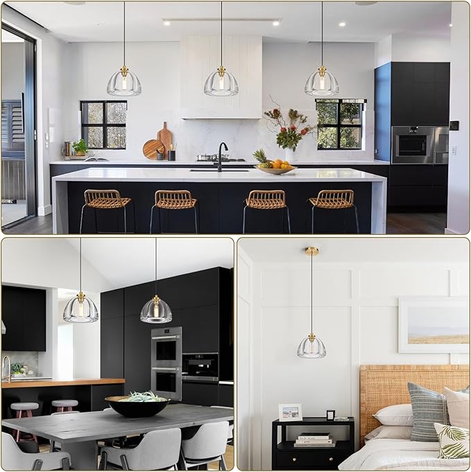Crystal Pendant Light Kitchen Island: 7" Vintage Brass Hanging Lights Above Dining Table - Modern K9 Crystals Lighting Over Kitchen Sink - Luxury Gold Hemispher Pendants Light Fixtures Bulbs Included