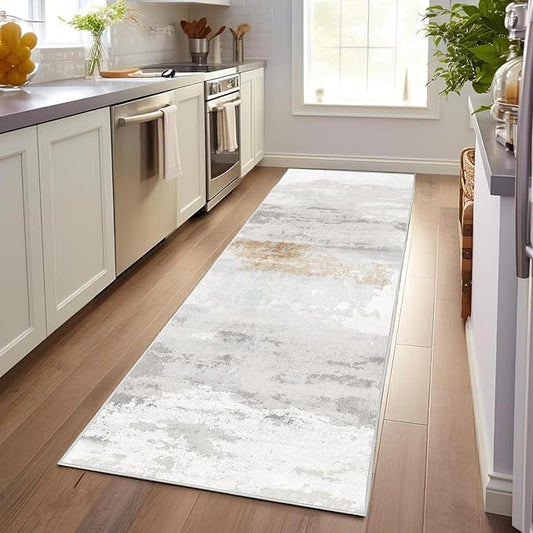 Enkor Runner Rugs for Hallway, 2'7"x8 Washable Soft Non Slip Abstract Rugs for Kitchen, Modern Mat for Entryway Living Room Bedroom Brown & Grey