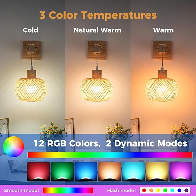 Battery Operated Wall Sconce with Remote Set of 2, Rechargeable Boho Wall Sconces with 8000mAh Bulbs, Woven Bamboo Wall Light/Lamp Rattan Wall Sconce for Bedroom