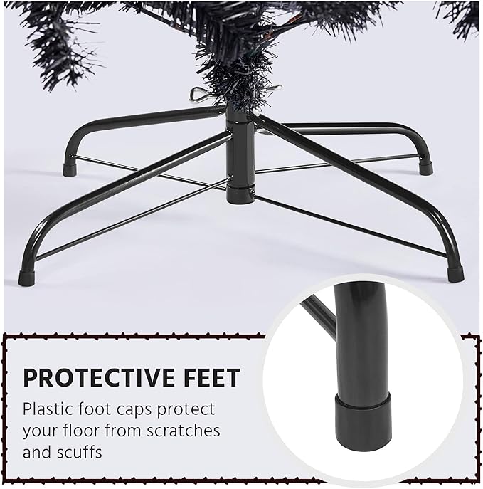Yaheetech 7.5Ft Pre-Lit Halloween Black Artificial Hinged Christmas Pine Tree Prelighted Xmas Tree for Home Party Holiday Decoration with 550 Clear Warm White Lights and 1354 Branch Tips