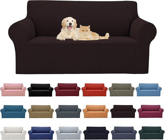 Cupuamon 2025 New Stretch Loveseat Sofa Slipcovers Couch Cover for 2 Cushion Furniture Protector Sofa Covers with Elastic Bottom Jacquard Fabric Small Checks for Pets, Kids - Chocolate