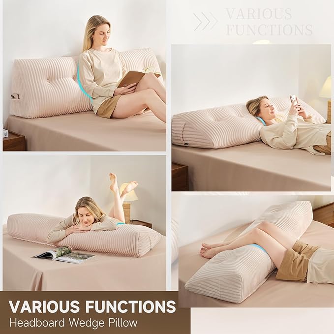 Z-hom King Headboard Pillow, Triangular Wedge Reading Pillow for Bed or Sofa, Ergonomic Backrest Cushion for Sitting Up, Reading or Relaxing, with Side Pocket，Removable Washable Cover,Beige Cream