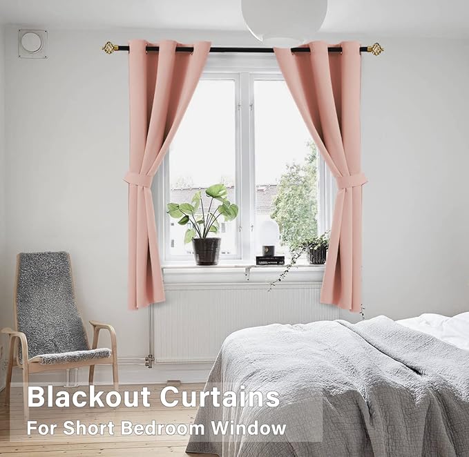 Coral Pink Loft Bed Curtains 45 Inch Length for Girls Room Bottom Dorm 2 Panel Grommet Insulated Thermal Light Blocking Blackout Short Curtains for Bedroom Kid Baby Nursery Small Bathroom Window,Blush