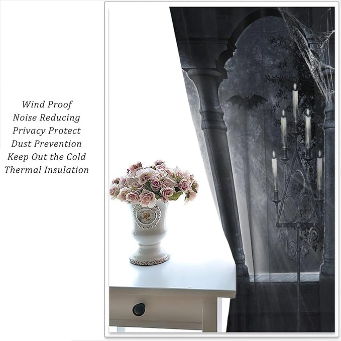 Gothic Mid Century Skeleton Blackout Curtains, Vintage Castle Skull Candlesticks Halloween Horror Spider Web Window Drapes, for Living Room Bedroom 26(W)*84(L) 2 Panels