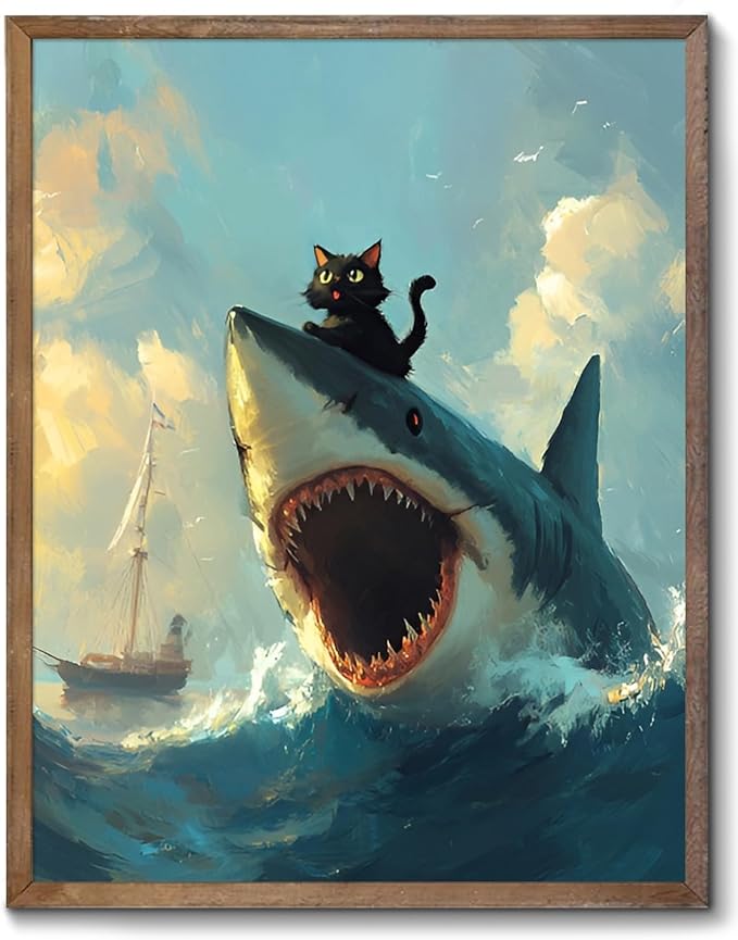 XOCUUI Cat Riding Shark Canvas Funny Cat Canvas Animal Decor Funny Shark Picture Coastal Theme Artwork Animal Prints Abstract Fish Picture Black cat Painting For Lover 8x10 - Unframed