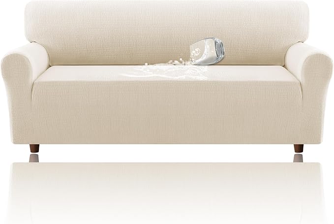 H.VERSAILTEX Jacquard Sofa Slipcover with Waterproof Seat Furniture Protector 1 Piece Stretch Sofa Covers with Elastic Bottom for Kids, Pets, Dog(Sofa, Ivory)