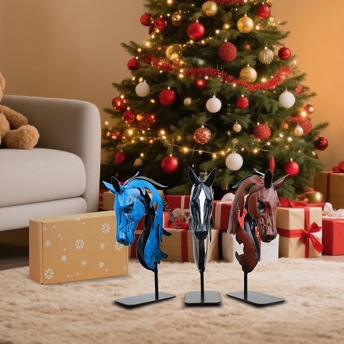 Handmade Horse Statue - Unique Rustic Decor for Office & Home - Hand-Painted Metal Sculpture - Handmade Horses Figurines Gifts for Women/Men (Blue) (Brown)