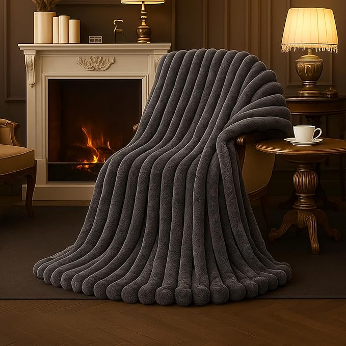 Amélie Home Faux Fur Throw Blanket for Couch, Cozy Fuzzy Fluffy Fur Luxurious Soft Striped Plush Gift Blankets for Family Sofa Chair Bedroom, 60"x80", Charcoal Grey