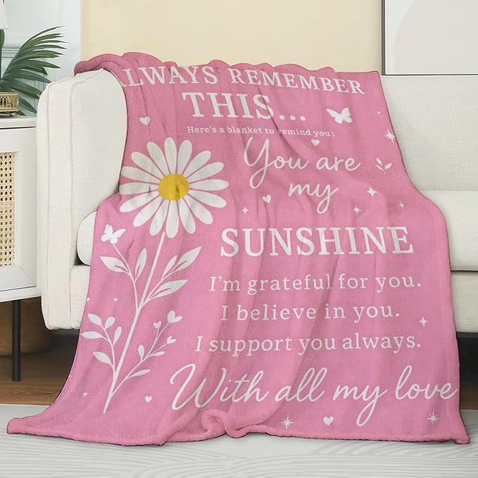 Daisy Flower Blanket,Inspirational Gifts for Girls Women,Soft Lightweight Flannel Throw Blankets,Floral and Sunshine Quote on Pink Throws Home Decor,for Camping Living Room Office,60x50inch