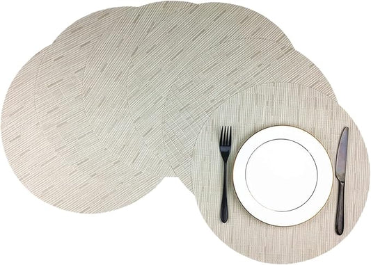 WAZAIGUR Round Placemats Set of 6 Woven Vinyl Easy to Clean Heat Resistant Kitchen Table Mats 15 Inch(Cream 6)