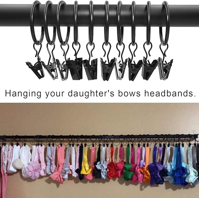 100 Pack Curtain Rings with Clips, Curtain Clip Rings Hooks, Bow Hanger Clips for Hanging Drapery Drapes Bows, Ring 1.26 inch Interior Diameter, Fits up to 1" Rod, Black