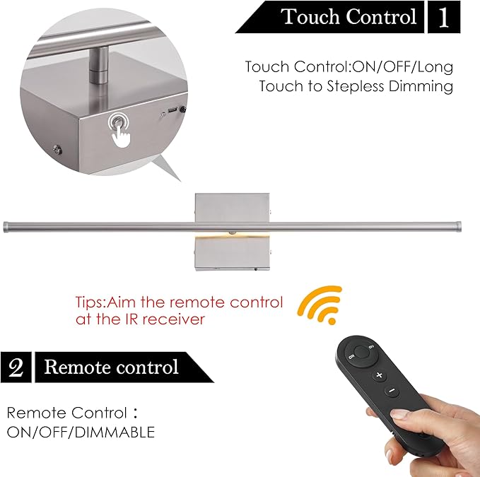 Battery Operated Wall Sconces with Remote Control, Dimmable Wall Sconces Set of Two, 350°Rotate, 3000K LED Nickel Wireless Wall Light for Living Room, Hallway, Bedroom, 32.2 Inch (2 Pack)