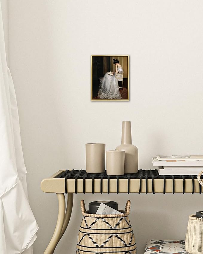 AIMAILON Vintage Gold Canvas Wall Art Framed Decor for Living Room School Elegant Reading Girl in White Dress Portrait Classical Aesthetic Artwork Home Decoration 8x10