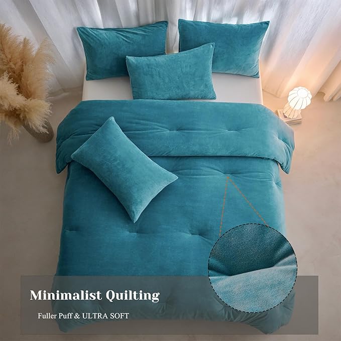 Velvet Comforter Set Twin Size, Blue Fluffy Velvet 3 Piece, Soft Breathable Luxury Winter Warm Bedding Sets, with 1 Cozy Comforter, 2 Pillow Shams (Teal)